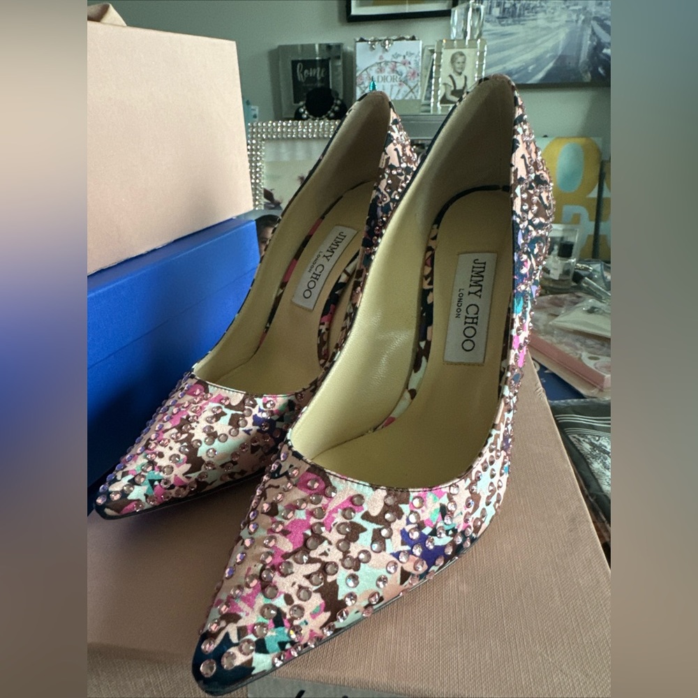 Jimmy Choo London camouflage crystal heels